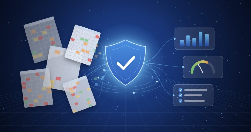 Illustration: verstreute Tabellenblätter fliessen in ein zentrales Schutzschild mit Häkchen und werden zu geordneten Dashboards für Kennzahlen, Risiko und Checklisten